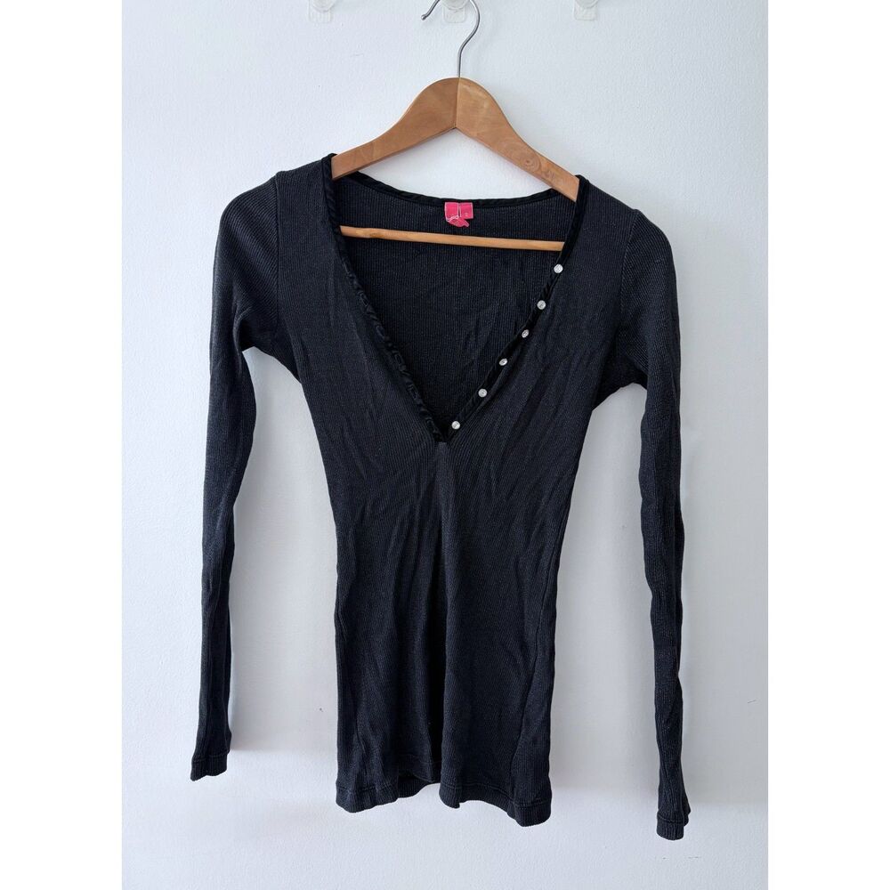 CHARLOTTE TARANTOLA Vtg Y2K Ribbed Knit Black Henley V-Neck Top Womens Small